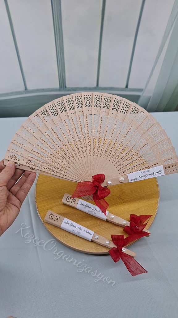 Hediyelik Ahşap Yelpaze, Kına Gecesi, Nişan, Nikah Hediyeliği (30 Adet) - Görsel 6